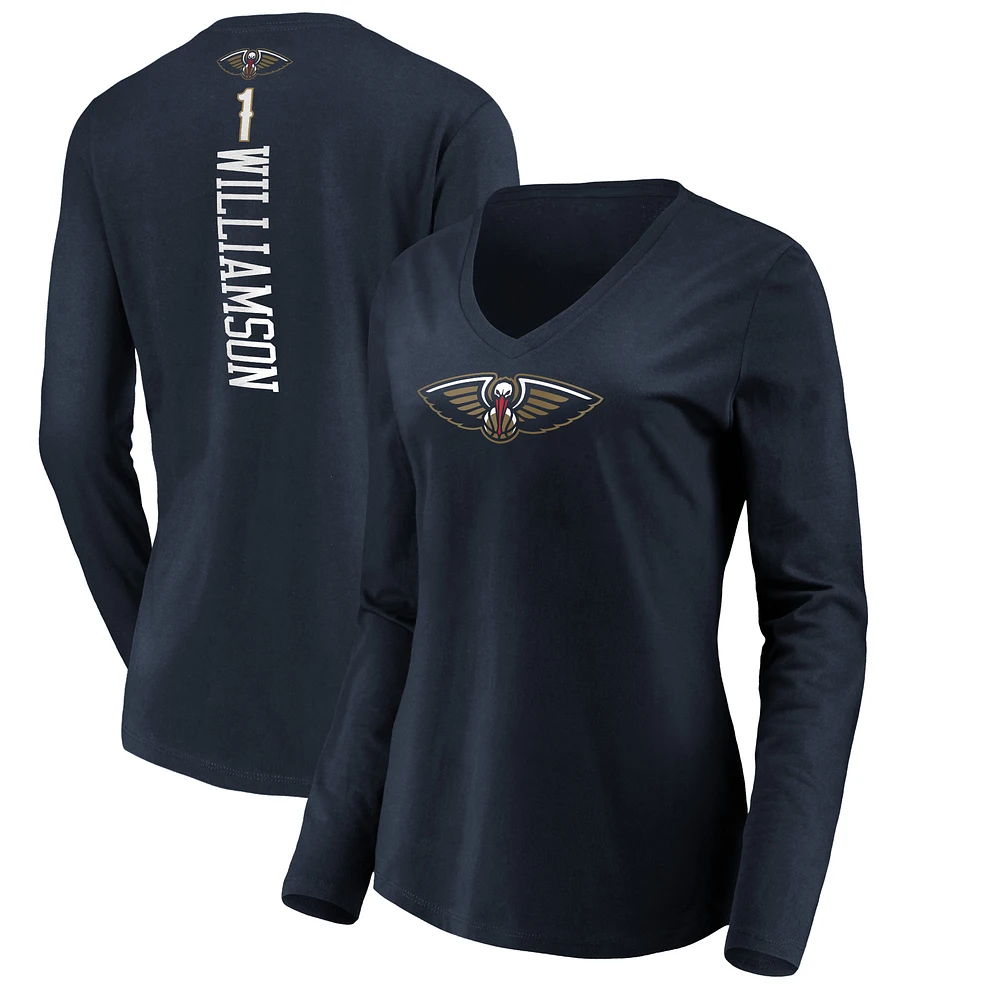 Women's Zion Williamson Navy New Orleans Pelicans Playmaker Name & Number Long Sleeve V-Neck T-Shirt