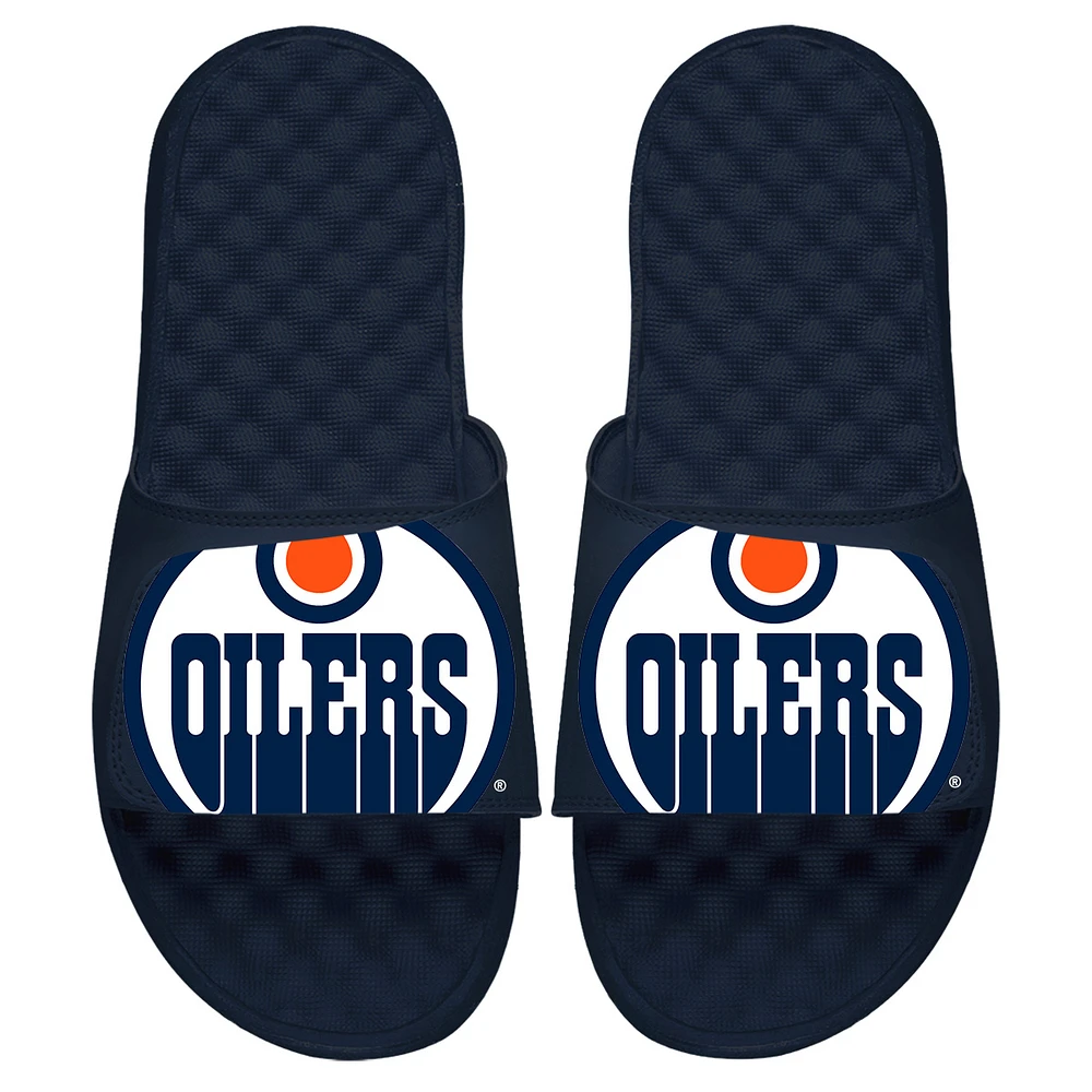 Youth ISlide Navy Edmonton Oilers Blown Up Logo Slide Sandals