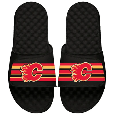 Youth ISlide Black Calgary Flames Stripe Logo Slide Sandals