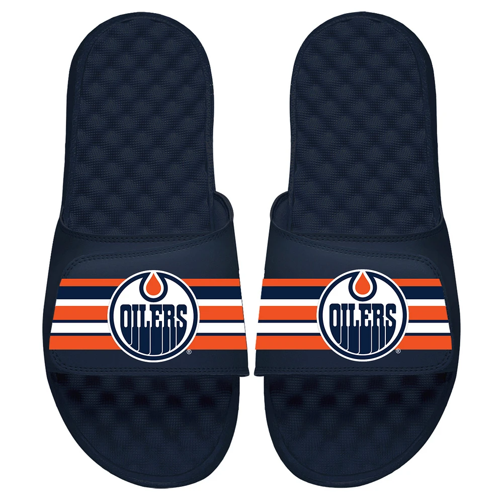 Youth ISlide Navy Edmonton Oilers Stripe Logo Slide Sandals