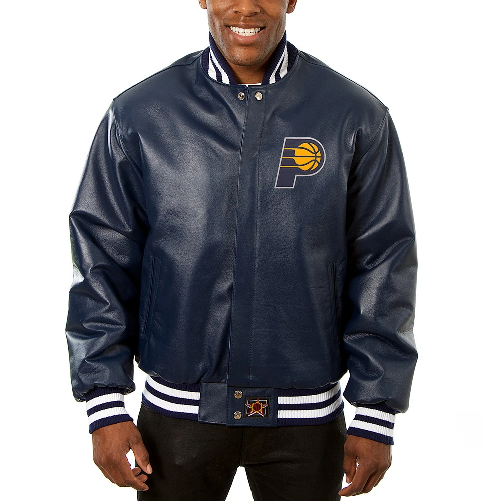 Men's JH Design Navy Indiana Pacers Big & Tall All-Leather Logo Full-Snap Jacket