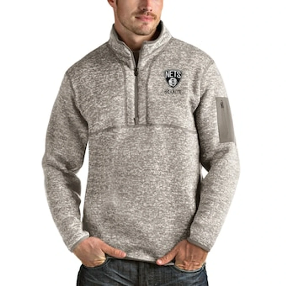 Men's Antigua Natural Brooklyn Nets Fortune Quarter-Zip Pullover Jacket