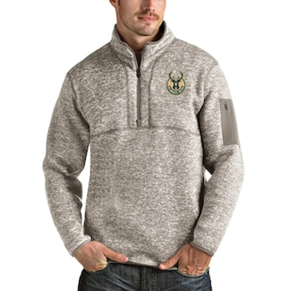 Men's Antigua Natural Milwaukee Bucks Fortune Quarter-Zip Pullover Jacket