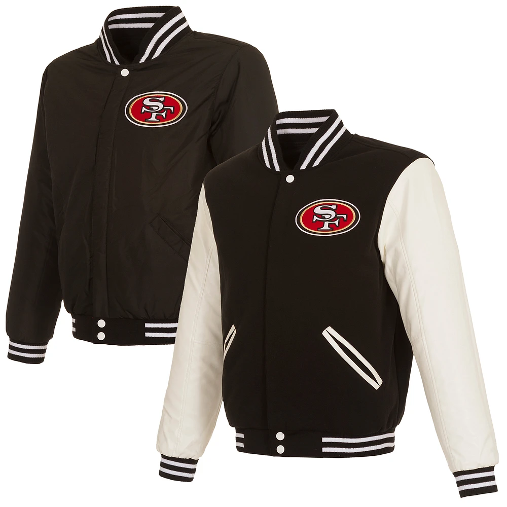 Men's JH Design Black/White San Francisco 49ers 19 Mens Reversible Fleece Jacket W/ Faux Leather Sleeves