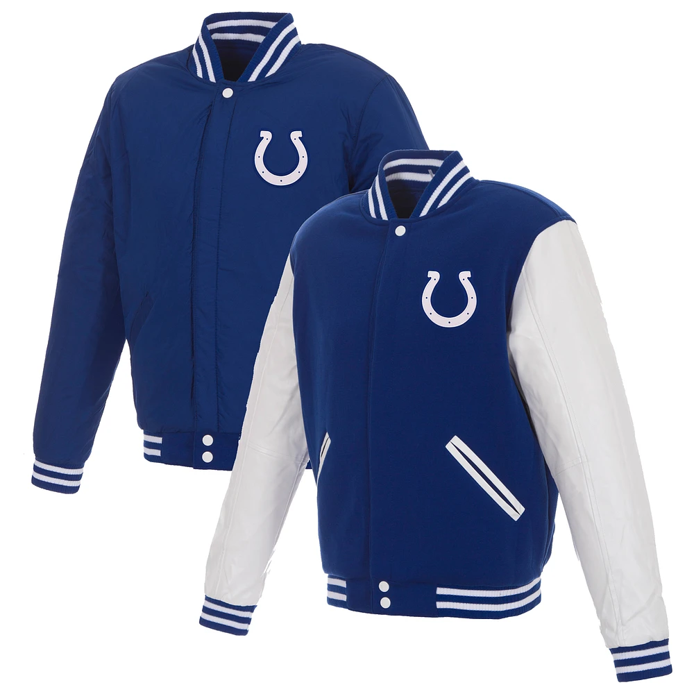 Men's JH Design Royal/White Indianapolis Colts 19 Mens Reversible Fleece Jacket W/ Faux Leather Sleeves