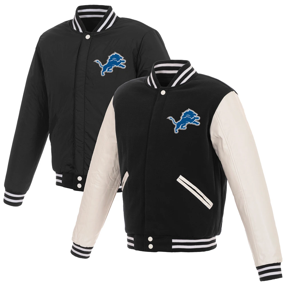 Men's JH Design Black/White Detroit Lions 19 Mens Reversible Fleece Jacket W/ Faux Leather Sleeves