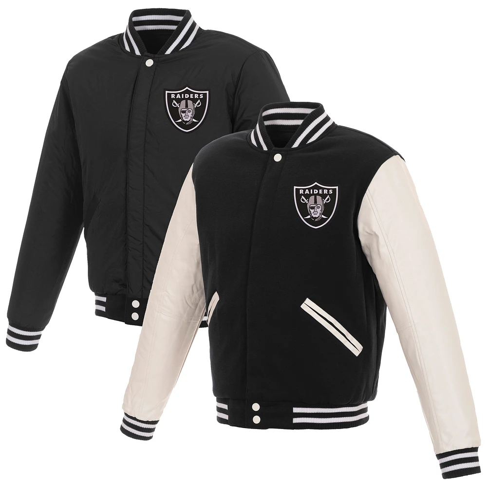 Men's JH Design Black/White Las Vegas Raiders 19 Mens Reversible Fleece Jacket W/ Faux Leather Sleeves