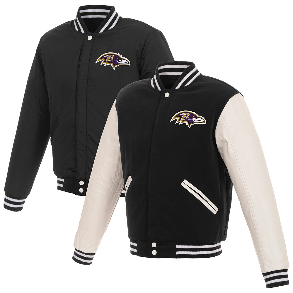 Men's JH Design Black/White Baltimore Ravens 19 Mens Reversible Fleece Jacket W/ Faux Leather Sleeves