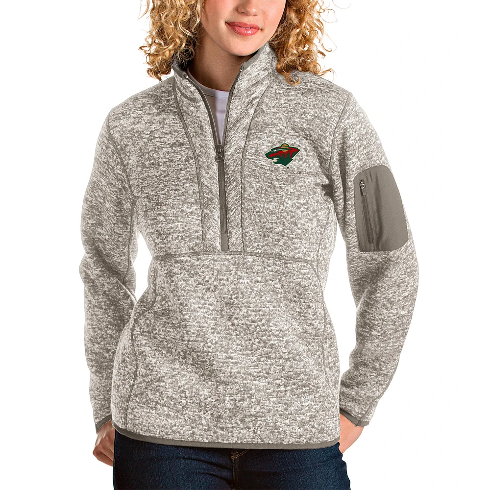 Women's Antigua Oatmeal Minnesota Wild Fortune Half-Zip Sweatshirt