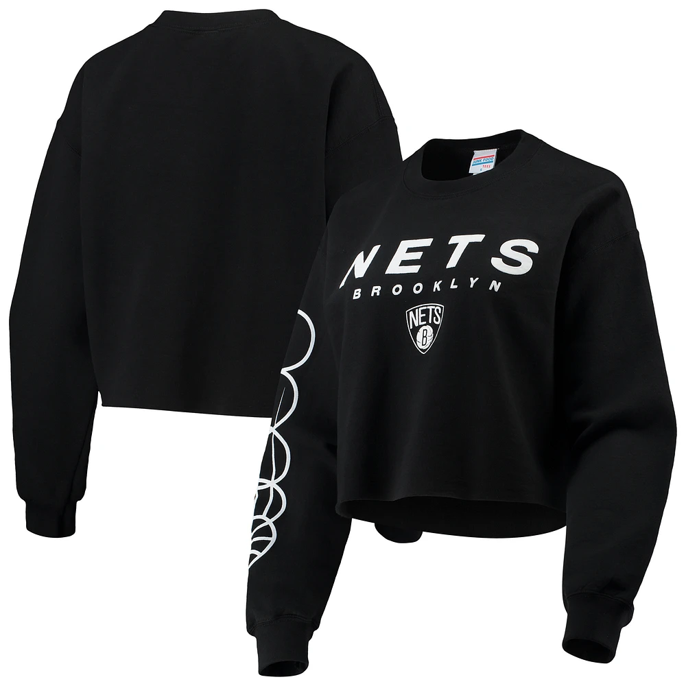 Women's Junk Food Black Brooklyn Nets Cut Off Moderate Crop Fleece Crew Sweatshirt