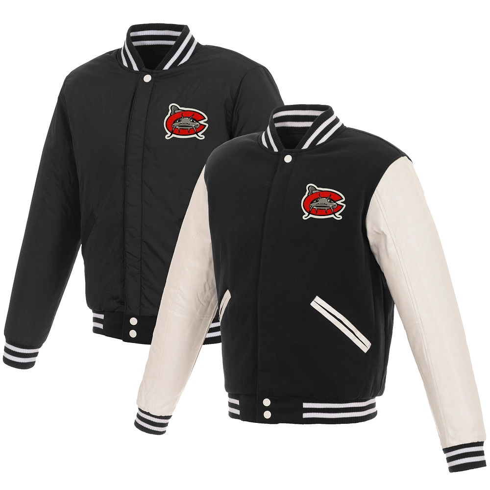 Men's JH Design Black/White Carolina Mudcats Reversible Fleece Full-Snap Jacket with Faux Leather Sleeves