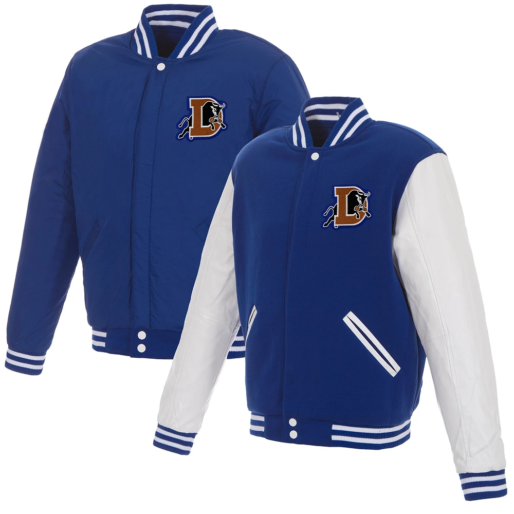 Men's JH Design Royal/White Durham Bulls Reversible Fleece Full-Snap Jacket with Faux Leather Sleeves