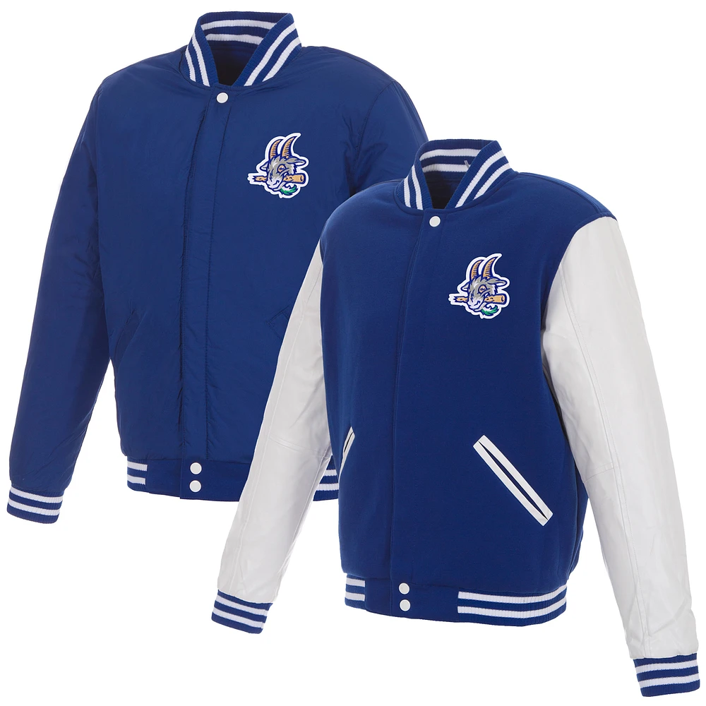 Men's JH Design Royal/White Hartford Yard Goats Reversible Fleece Full-Snap Jacket with Faux Leather Sleeves
