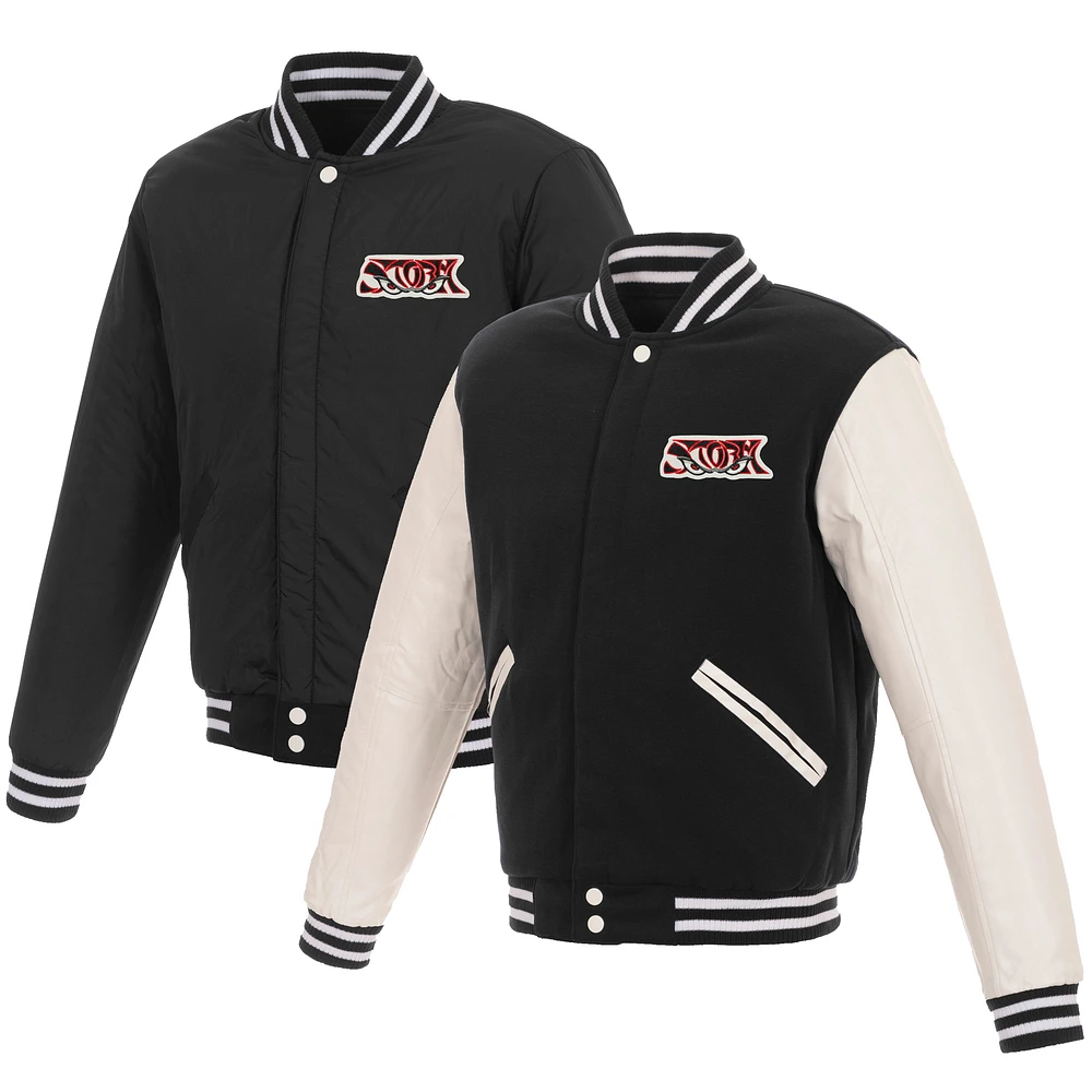 Men's JH Design Black/White Lake Elsinore Storm Reversible Fleece Full-Snap Jacket with Faux Leather Sleeves