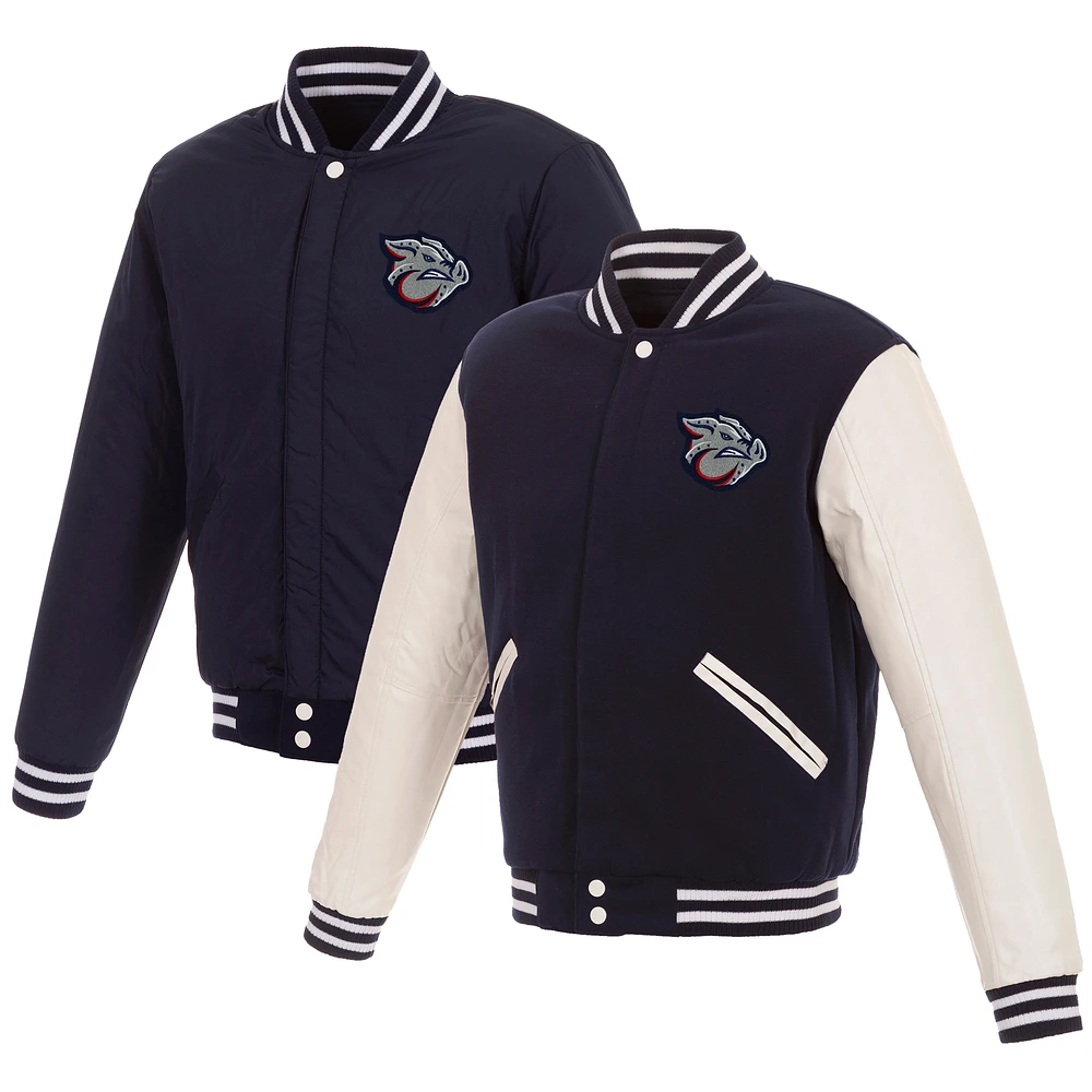 Men's JH Design Navy/White Lehigh Valley IronPigs Reversible Fleece Full-Snap Jacket with Faux Leather Sleeves