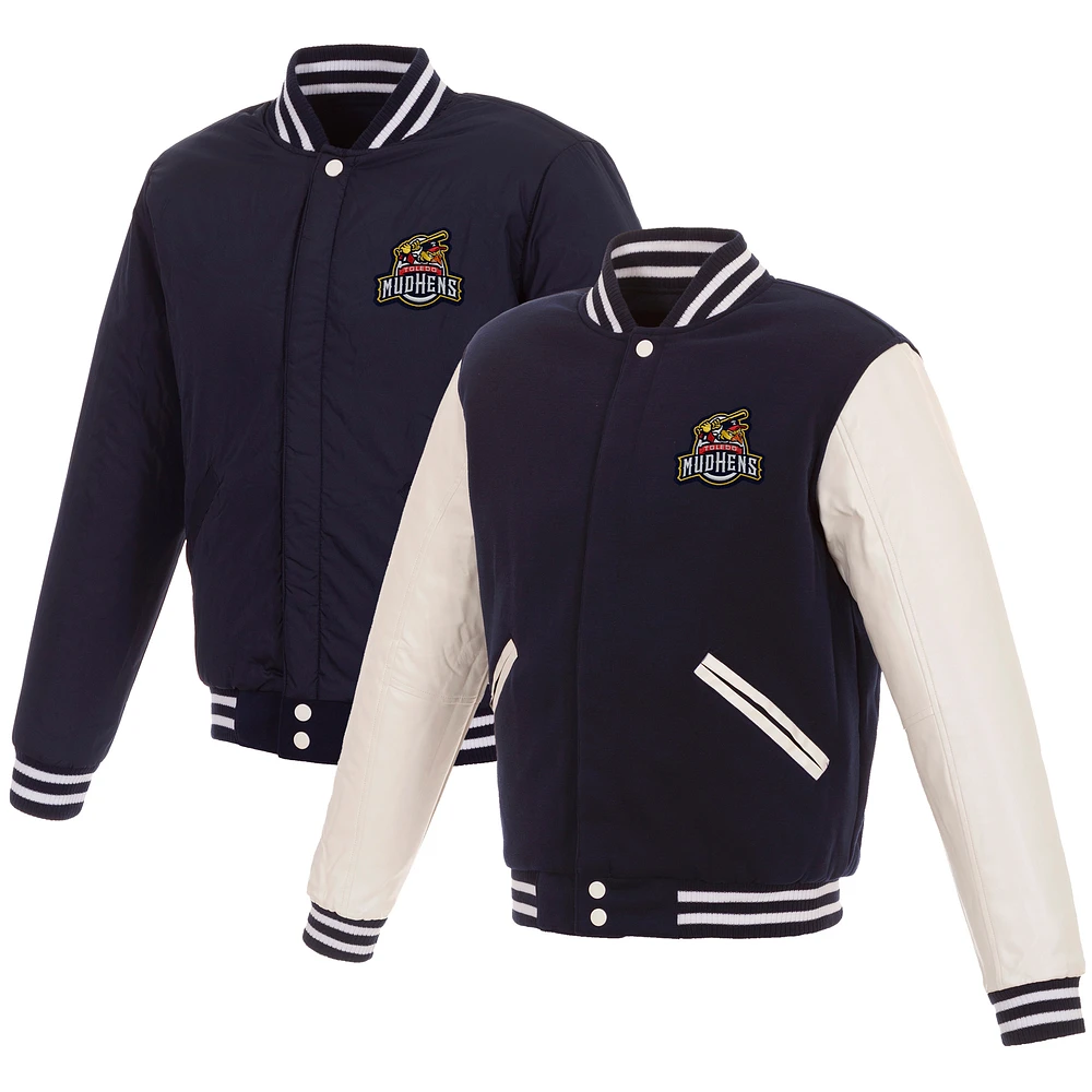 Men's JH Design Navy/White Toledo Mud Hens Reversible Fleece Full-Snap Jacket with Faux Leather Sleeves