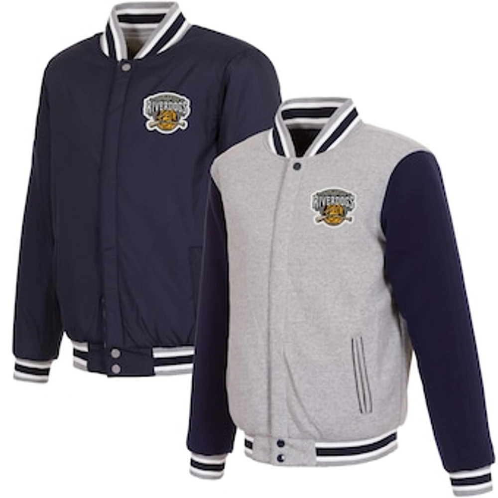Men's JH Design Gray/Navy Charleston RiverDogs Embroidered Logo Reversible Fleece Full-Snap Jacket