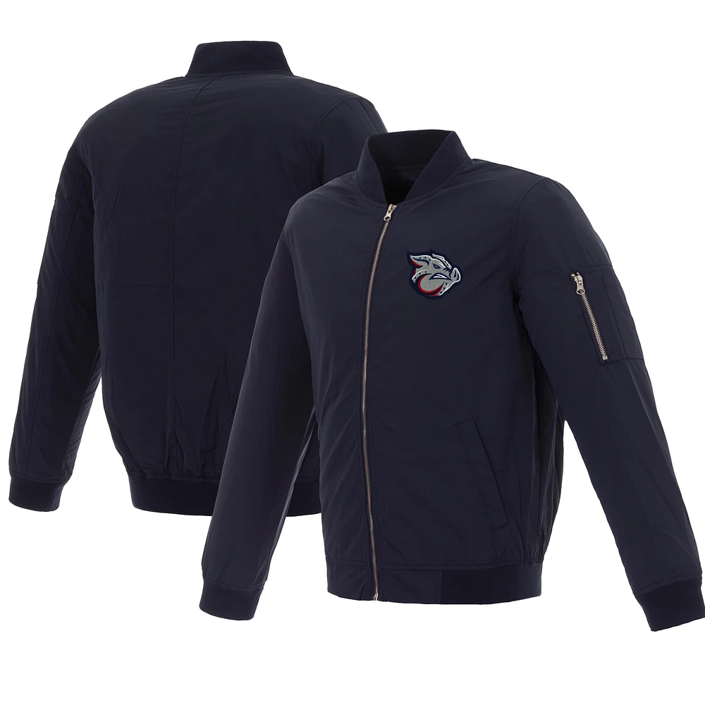 Men's JH Design Navy Lehigh Valley IronPigs Embroidered Logo Full-Zip Nylon Bomber Jacket