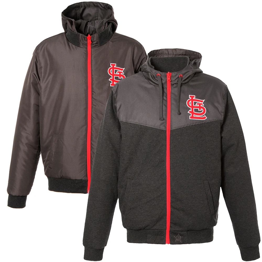 Men's JH Design Charcoal St. Louis Cardinals Embroidered Logo Reversible Fleece Full-Zip Hooded Jacket