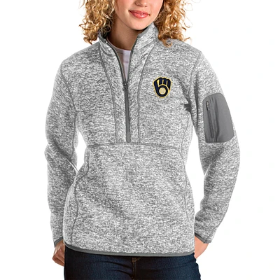 Women's Antigua Heather Gray Milwaukee Brewers Fortune Half-Zip Pullover Jacket