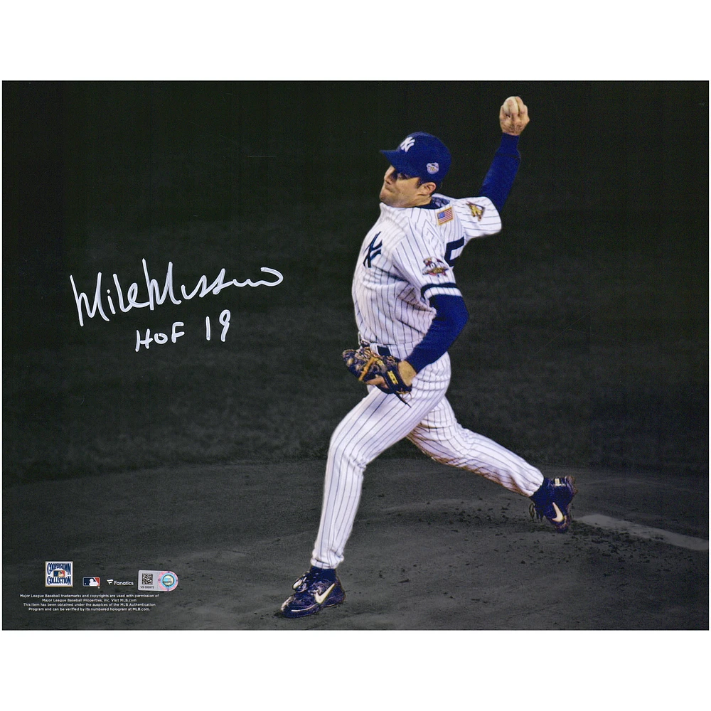 Mike Mussina New York Yankees Autographed 11" x 14" 2001 World Series Pitching Spotlight Photograph with "HOF 19" Inscription