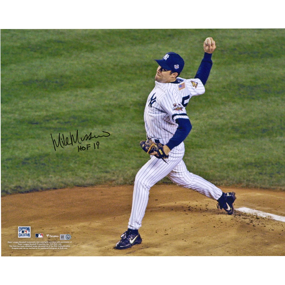 Mike Mussina New York Yankees Autographed 16" x 20" 2001 World Series Pitching Photograph with "HOF 19" Inscription