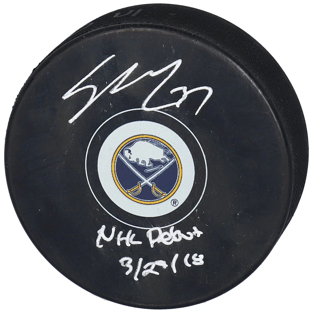 Casey Mittelstadt Buffalo Sabres Autographed Hockey Puck with "NHL Debut 3/29/18" Inscription