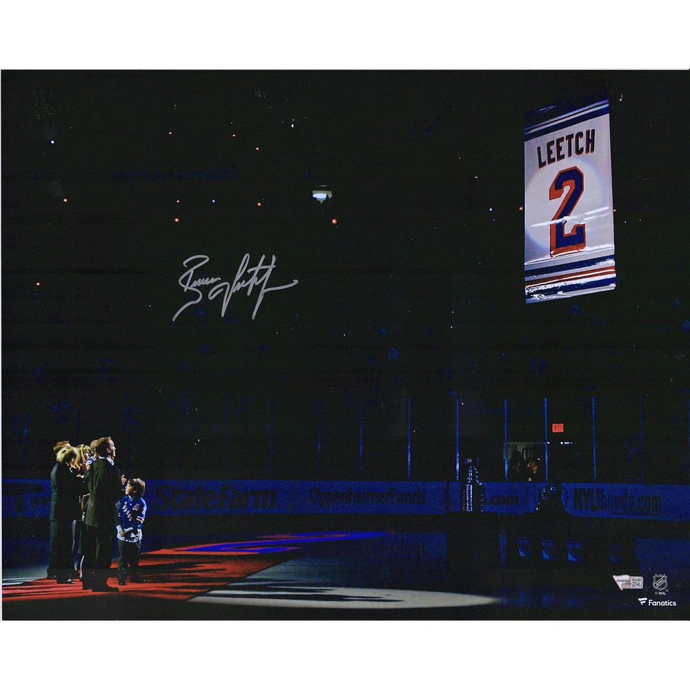 Brian Leetch New York Rangers Autographed 16" x 20" Jersey Retirement Banner Raising Photograph
