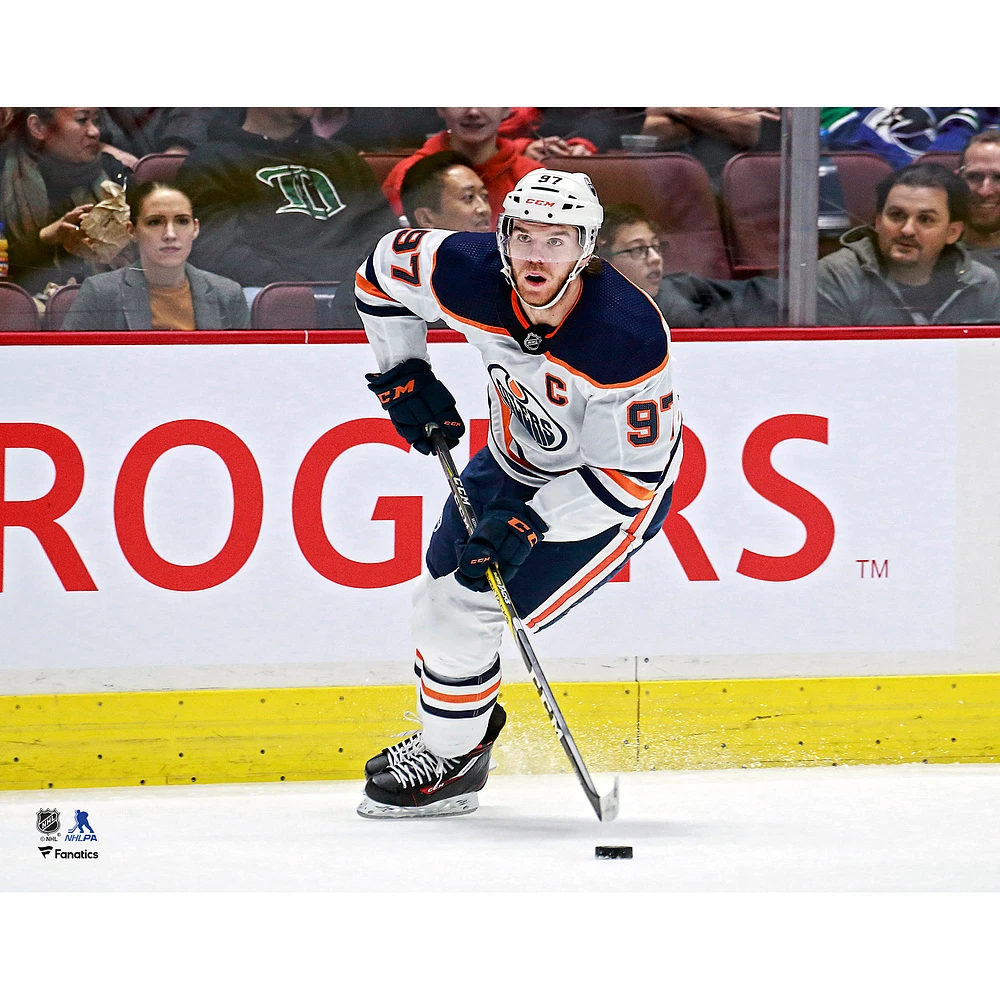 Connor McDavid Edmonton Oilers Unsigned White Jersey Skating Photograph
