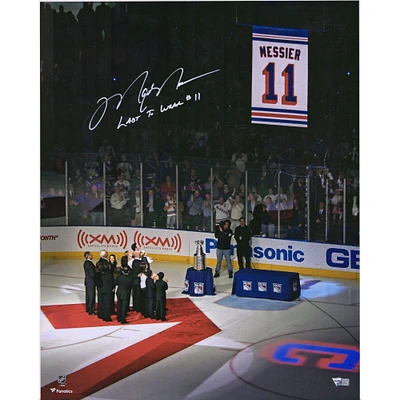 Mark Messier New York Rangers Autographed 16" x 20" Jersey Retirement Night Banner Raising Photograph with "Last to Wear #11" Inscription