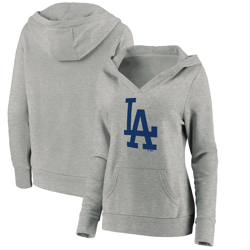 Women's Fanatics Heathered Gray Los Angeles Dodgers Official Logo Crossover V-Neck Pullover Hoodie