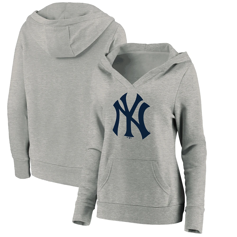 Women's Fanatics Heathered Gray New York Yankees Official Logo Crossover V-Neck Pullover Hoodie