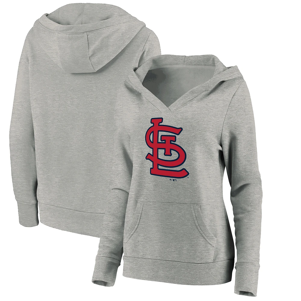 Women's Fanatics Heathered Gray St. Louis Cardinals Official Logo Crossover V-Neck Pullover Hoodie