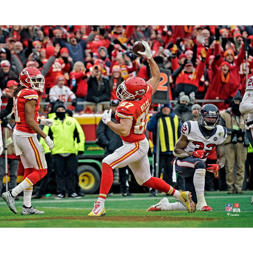 Travis Kelce Kansas City Chiefs Unsigned Playoff Moment Three Touchdown Performance Spike Celebration Photograph
