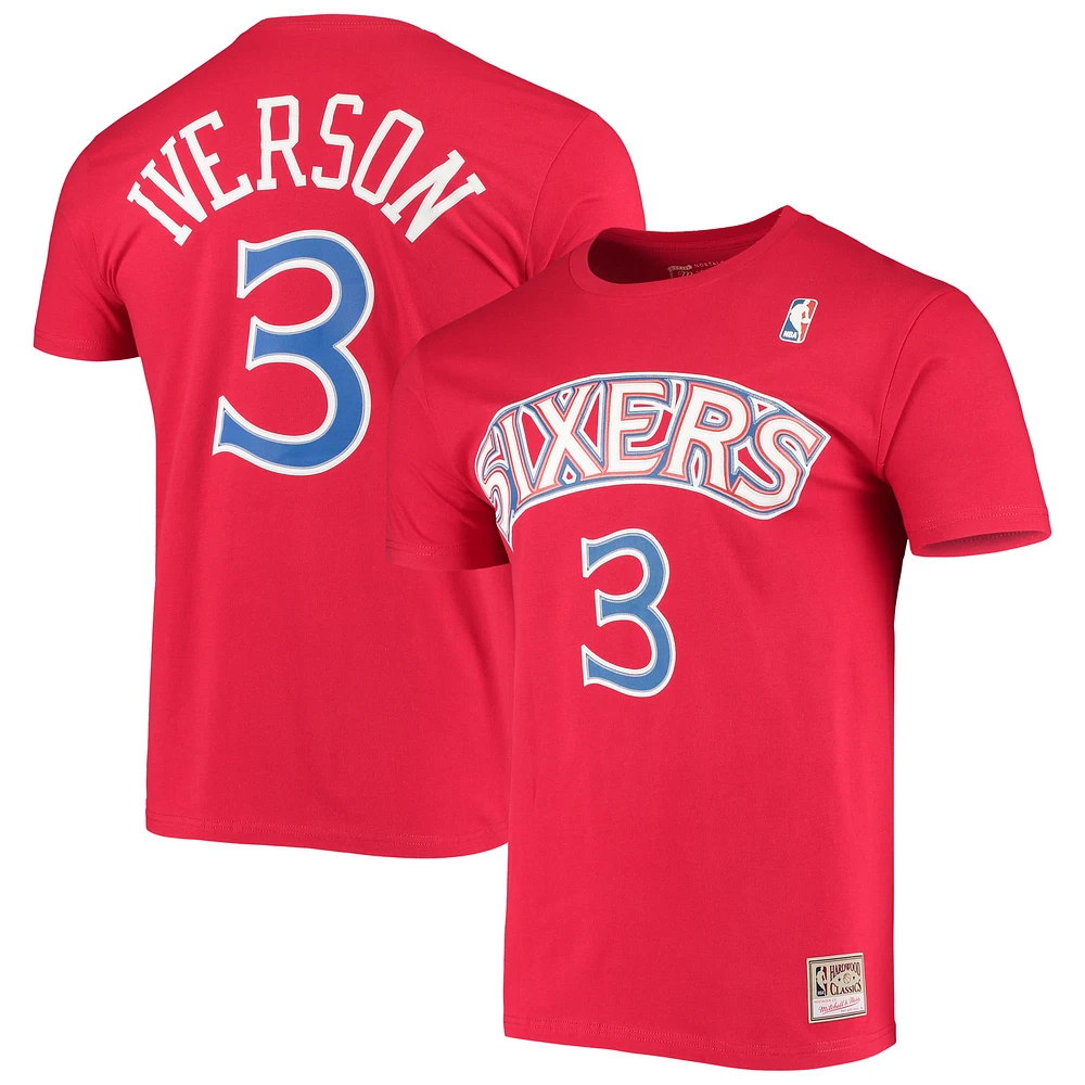 Men's Mitchell & Ness Allen Iverson Red Philadelphia 76ers Hardwood Classics Stitch Name Number T-Shirt