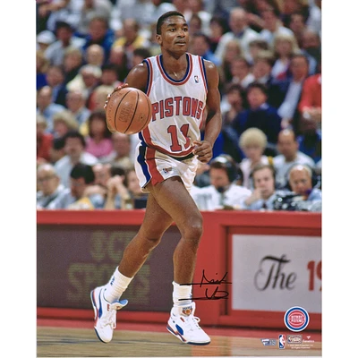 Isiah Thomas Detroit Pistons Autographed 16" x 20" Dribbling in White Photograph