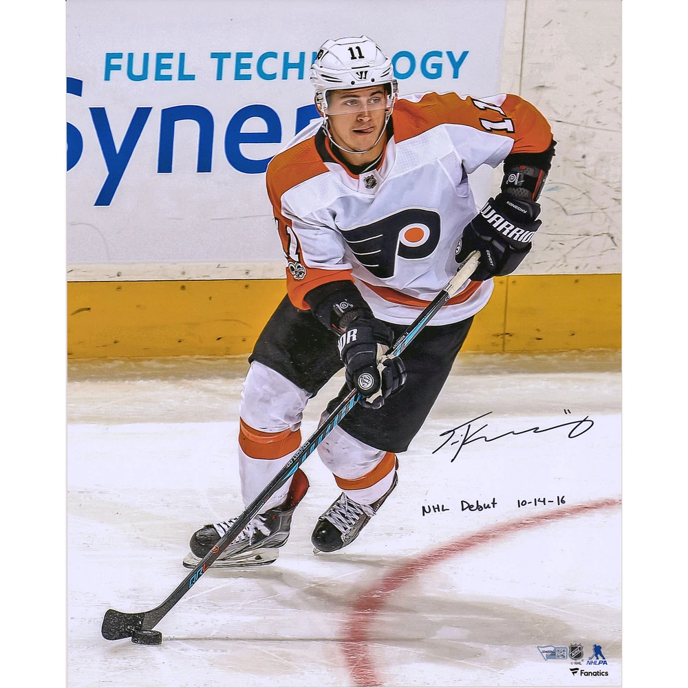 Travis Konecny Philadelphia Flyers Autographed 16" x 20" White Jersey Skating Photograph with "NHL Debut 10-14-16" Inscription