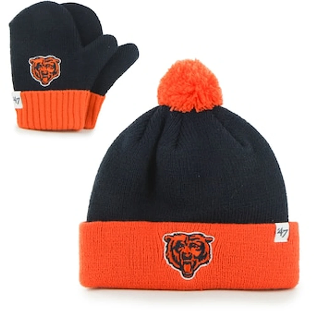 Infant '47 Navy/Orange Chicago Bears Bam Bam Cuffed Knit Hat With Pom and Mittens Set