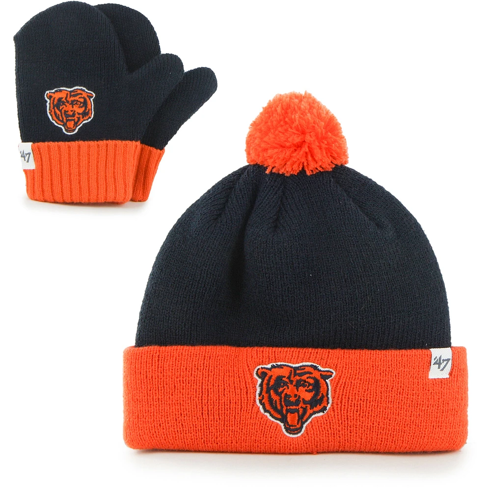 Infant '47 Navy/Orange Chicago Bears Bam Bam Cuffed Knit Hat With Pom and Mittens Set