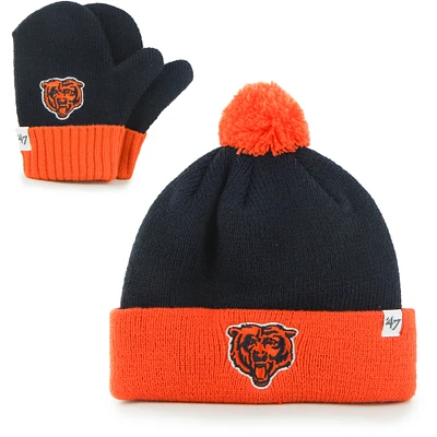 Infant '47 Navy/Orange Chicago Bears Bam Bam Cuffed Knit Hat With Pom and Mittens Set