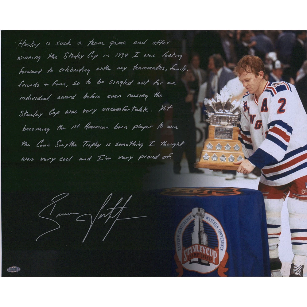 Brian Leetch New York Rangers Autographed 16" x 20" Receiving Conn Smythe Photograph with Story Inscription