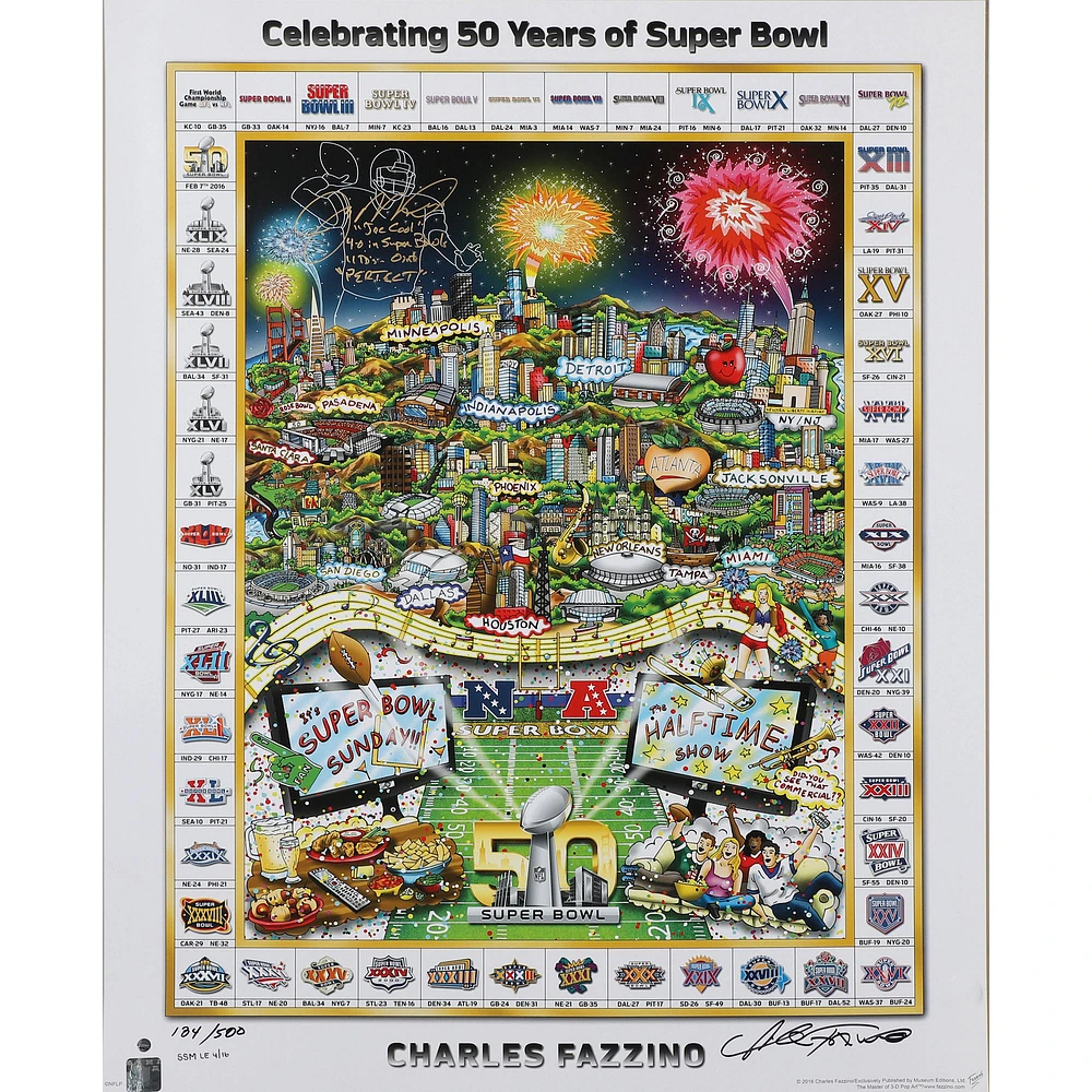 Joe Montana San Francisco 49ers Autographed 27" x 34" Super Bowl 50 Poster with Multiple Super Bowl Inscriptions - Limited Edition of 500