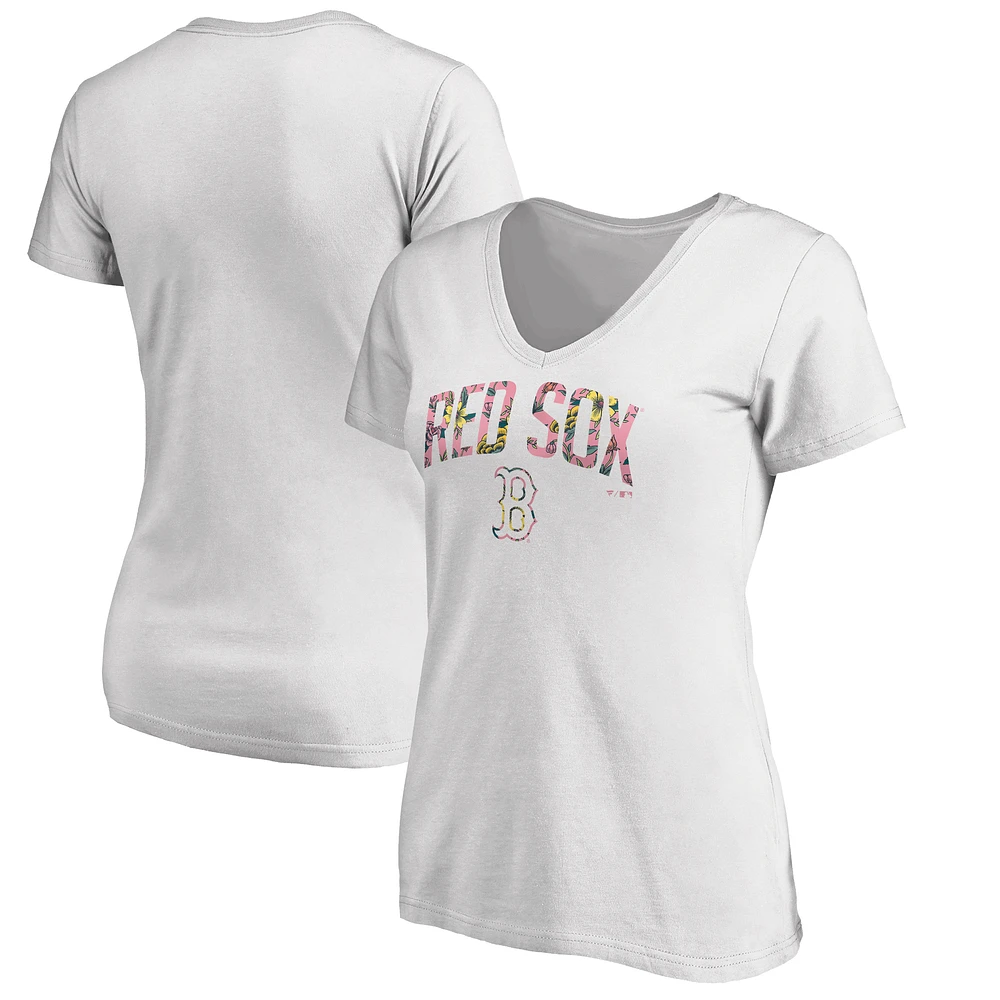 Women's White Boston Red Sox Floral Arched Logo V-Neck T-Shirt