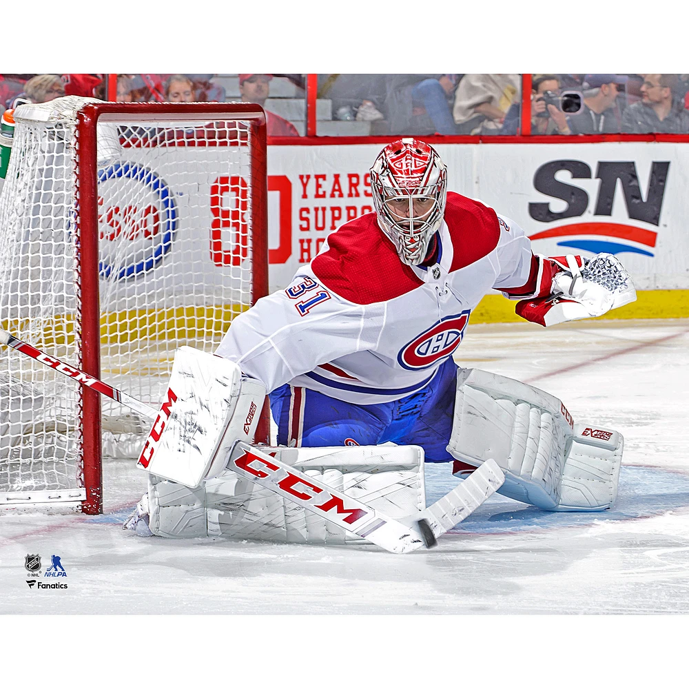 Carey Price Montreal Canadiens Unsigned White Jersey Stick Save Photograph