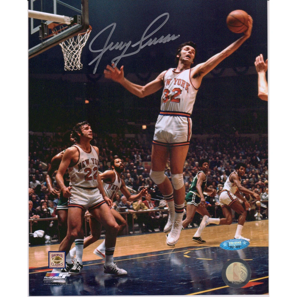 Jerry Lucas New York Knicks Autographed 8" x 10" Rebounding in White Jersey Photograph