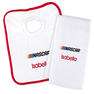 Newborn & Infant White NASCAR Personalized Bib & Burp Cloth Set