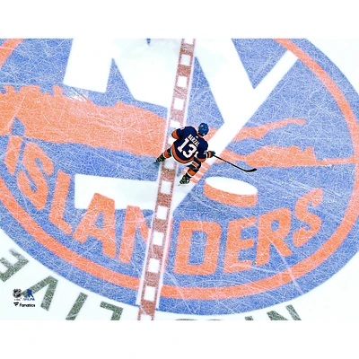Mathew Barzal New York Islanders Unsigned Blue Jersey Overhead Skating Photograph