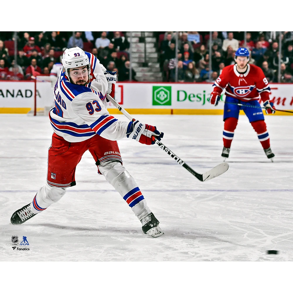Mika Zibanejad New York Rangers Unsigned White Jersey Shooting Photograph
