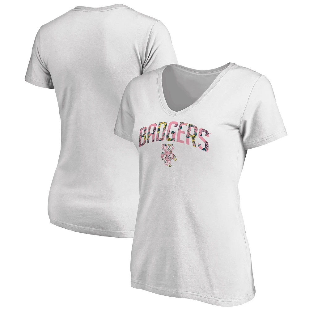 Women's White Wisconsin Badgers Floral Arched V-Neck T-Shirt