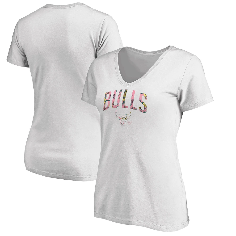 Women's White Chicago Bulls Floral Arch V-Neck T-Shirt